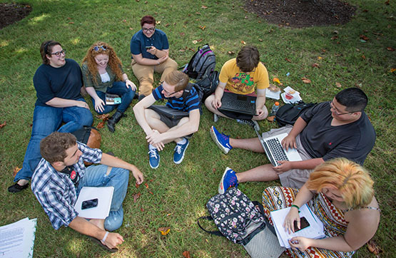 Students on campus lawn.